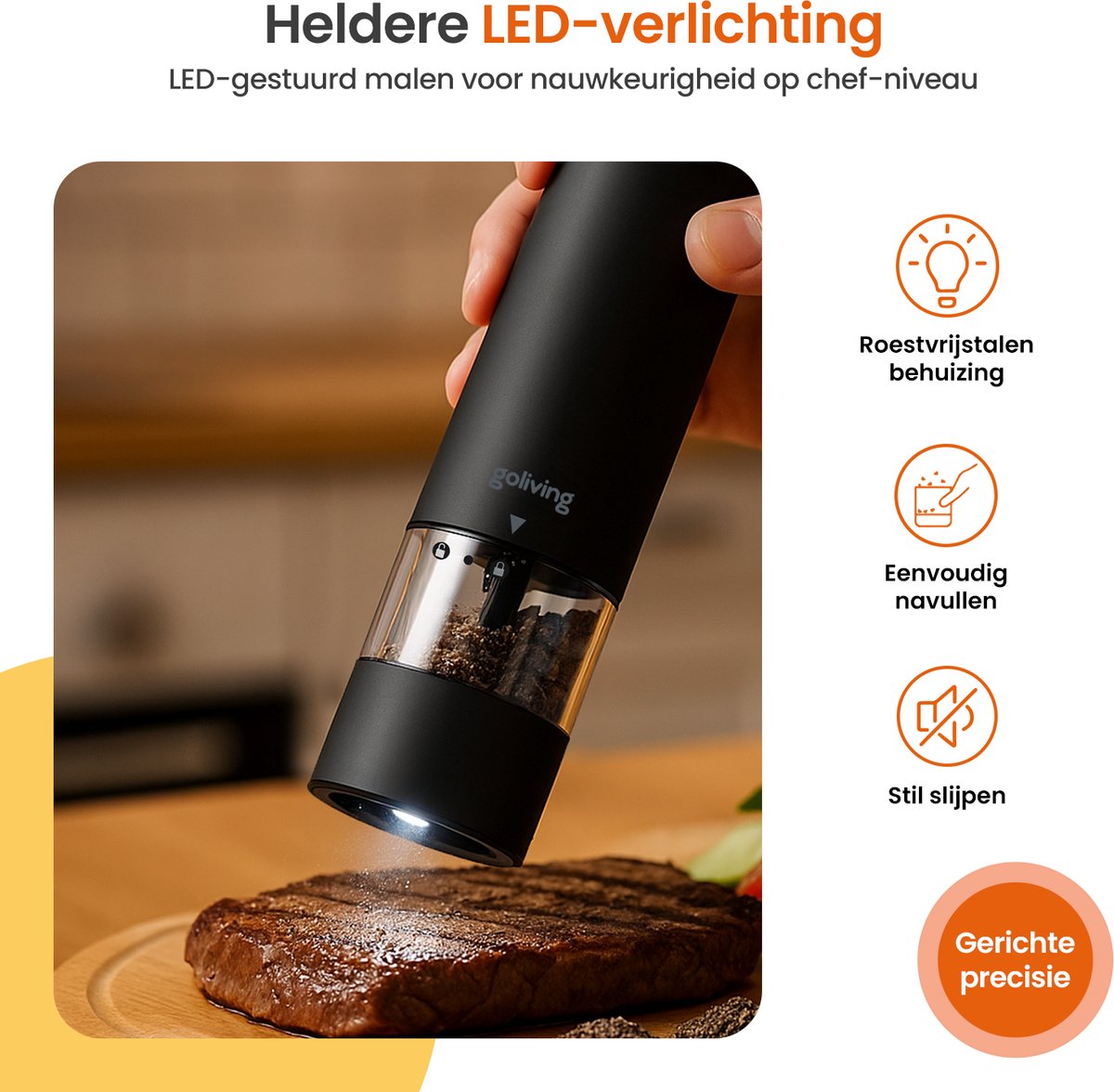 Goliving Elektrische Peper en Zoutmolen Set - LED Licht - Op Batterijen - Pepermolen - Zoutmolen - Peper en Zoutstellen - Kruidenmolen - Zwart — cadeau in Kookcadeaus - foto 5