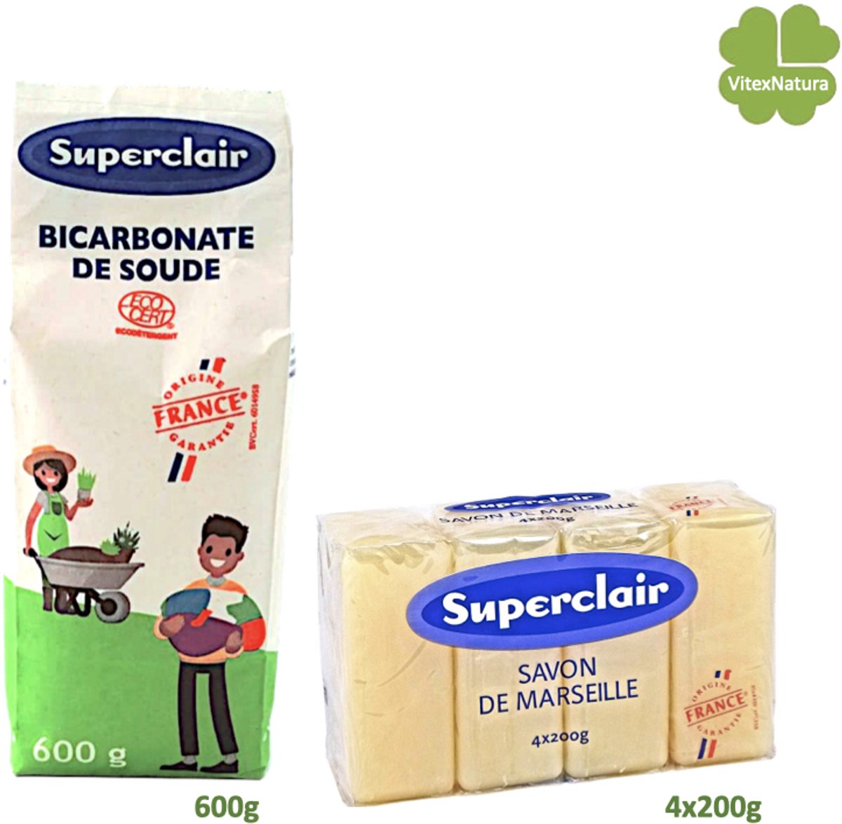Bio Eco schoonmaakmiddelen pakket. Natrium bicarbonaat poeder 600g en Glycerine zeep 4x200g.