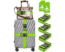 Boxed Kofferriem Met Kofferlabel - 6 Stuks - 4 Kofferband en 2 Bagagelabel - Bagageriem - Koffer Riem - Verstelbaar - Reisaccessoires - Groen