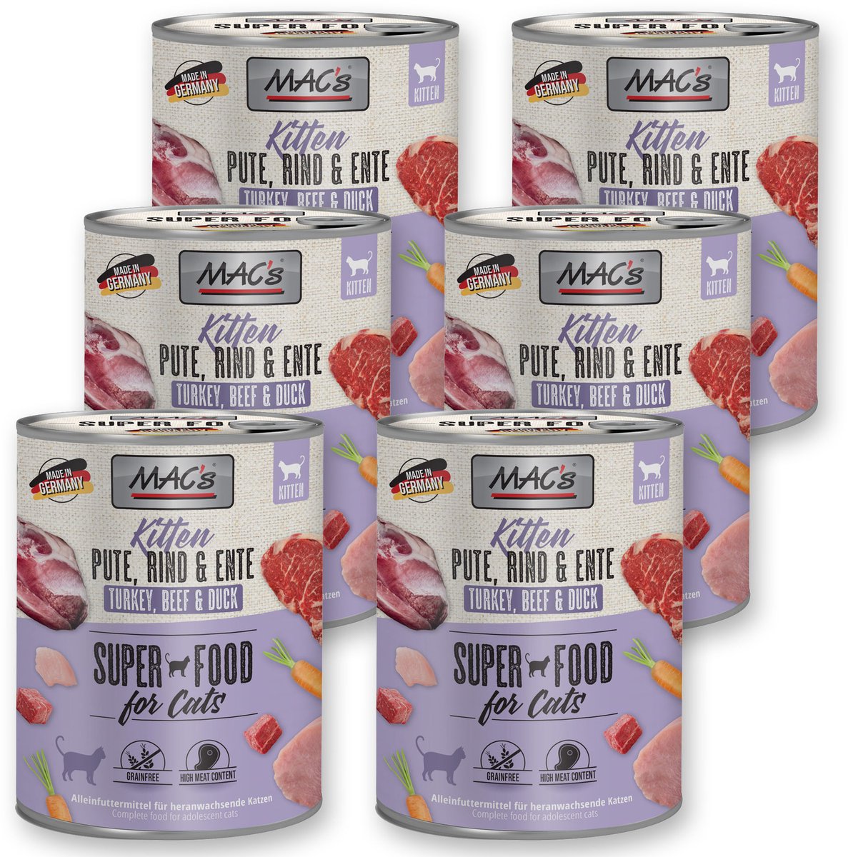 MACs MAC's Kittenvoer Natvoer Blik - 97% Kalkoen, Rund en Eend - 6 x 800g