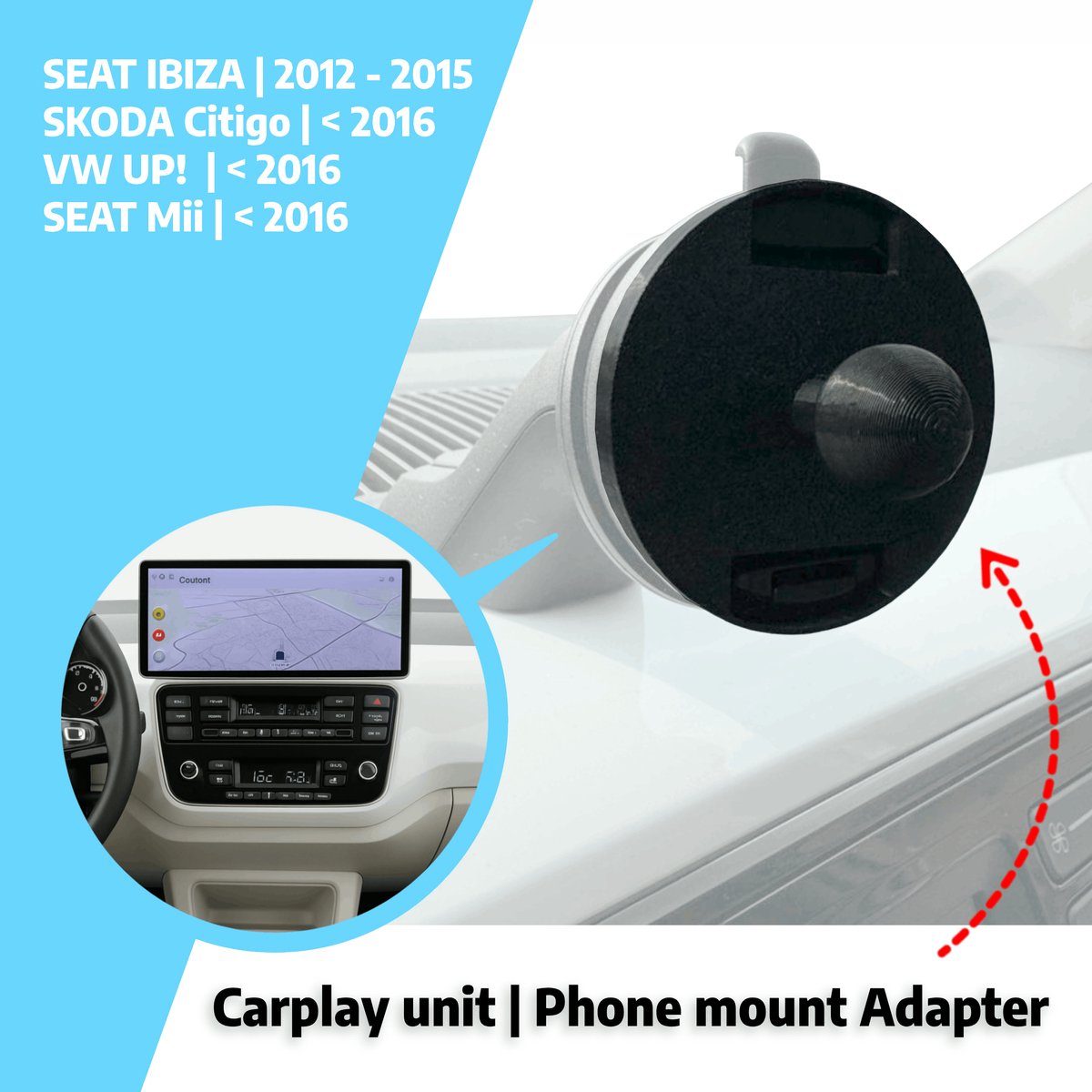 Volkswagen UP Auto-adapter voor CarPlay scherm en telefoonhouder accessoire (Seat Mii, Ibiza, Skoda Citigo) | Type 1