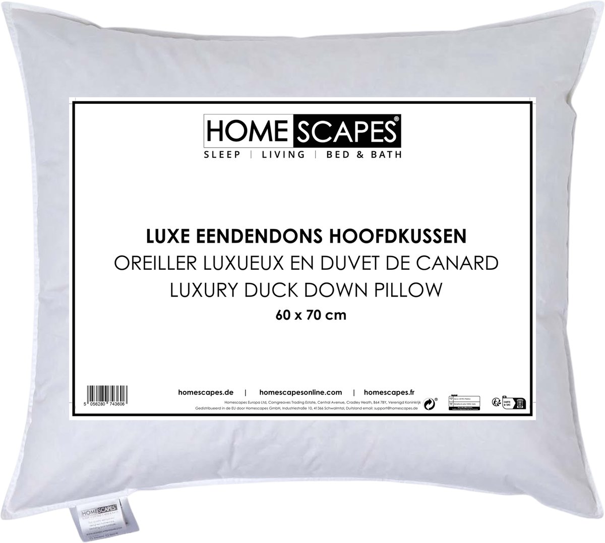 Homescapes Hoofdkussen 60x70 cm – Zacht – 60% Eendendons & 40% Eendenveren – Oeko‑Tex® & RDS Gecertificeerd – Voor Zij- & Rugslapers Wit
