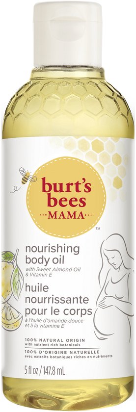 Burt's Bees Mama bodyolie met zoete amandelolie & Vitamine E. Met bij-, citroen- en honingraatmotief. 147,8 ml.