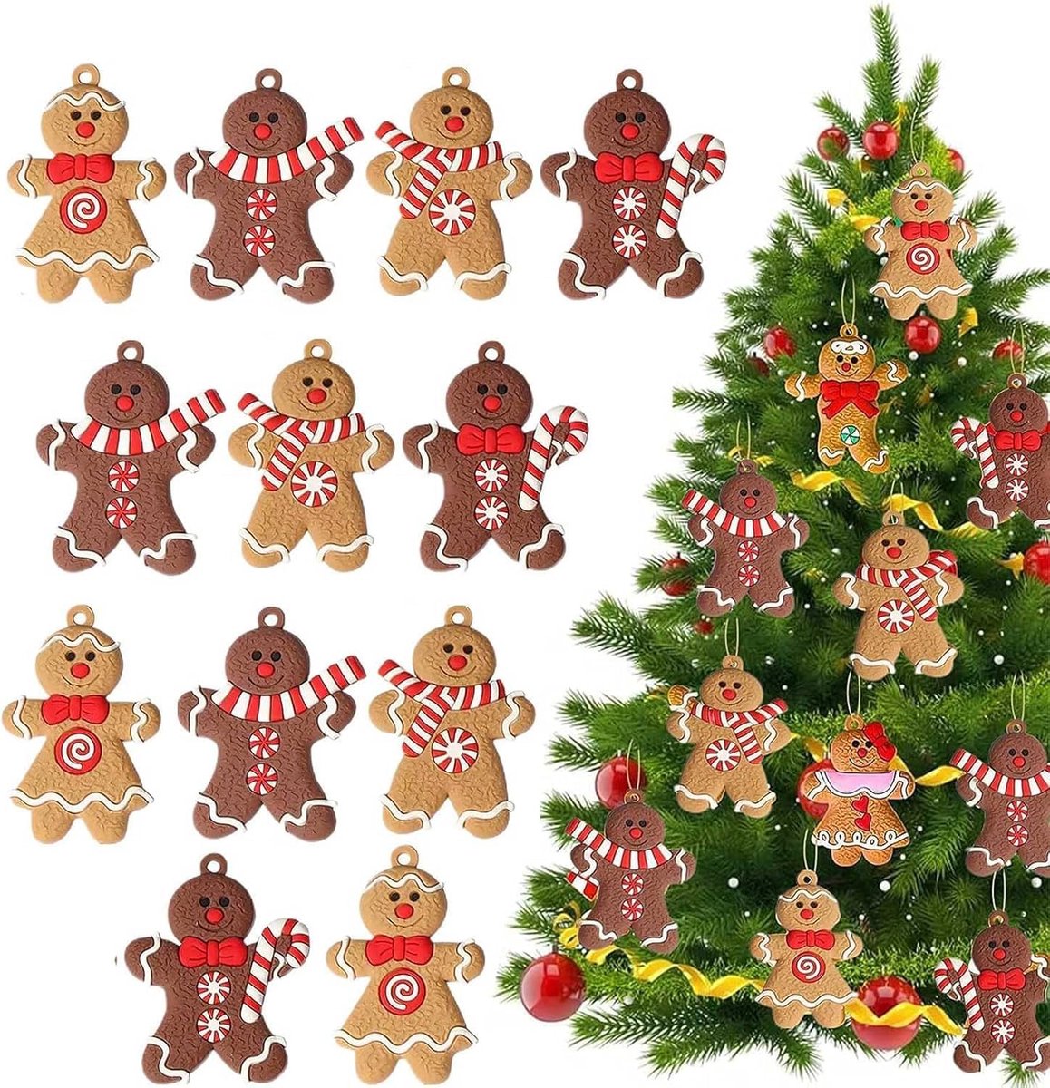 Gingerbread Man Decoratie - 12 Stuks Gingerbread Man Kerstboomdecoratie - Hangende Decoratie of Pendant voor de Kerstboom
