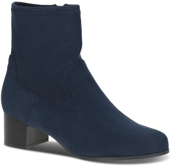 Donkerblauwe enkellaars met blokhak en suède-look.