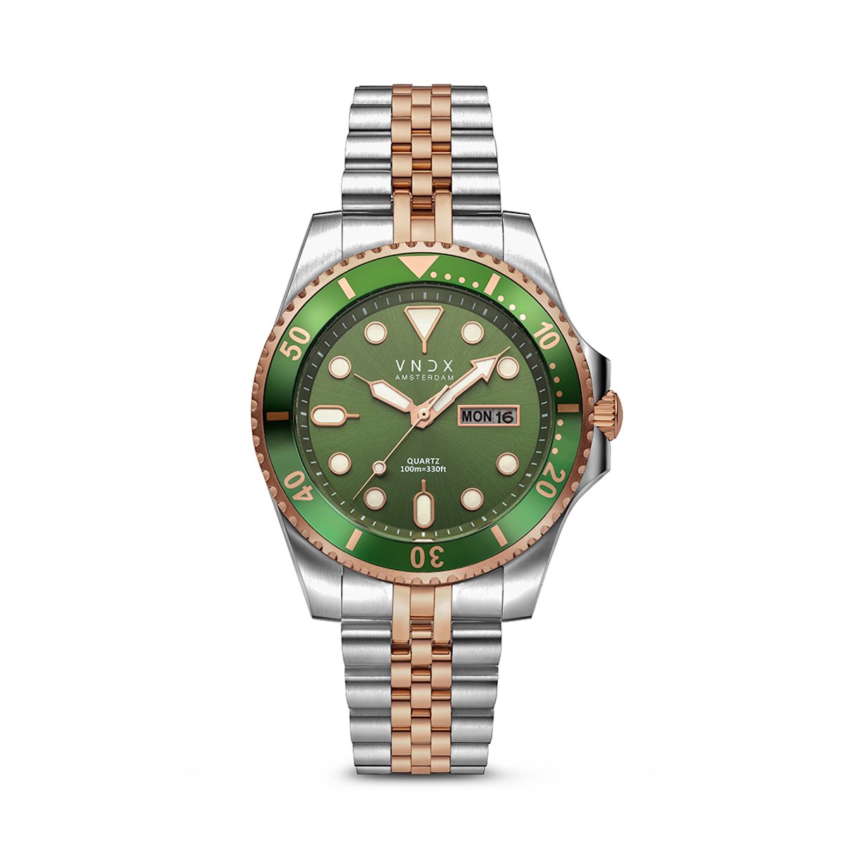 VNDX Amsterdam - Heren horloge - AMS. LXRY. Rosé Zilver Groen