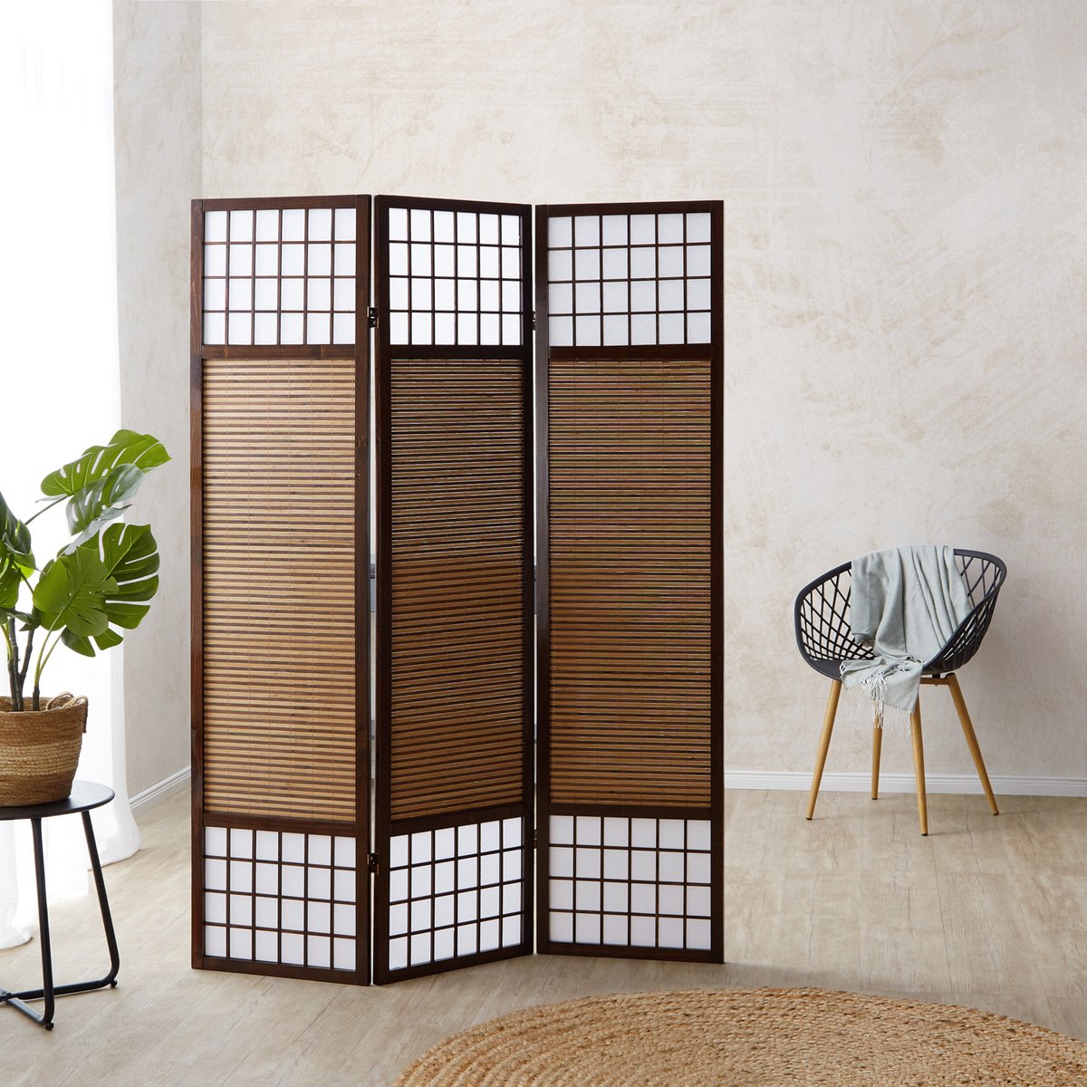 Homestyle4u Kamerscherm 3 panelen - 132x175 cm - bruin - 3-delig - bamboe stokjes