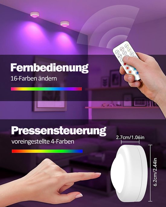 ibettertec - 3 stuks LED kast wand nacht lamp - verlichting - 16 kleuren inclusief afstandbieding - nachtlampje - woonkamer slaapkamer - Trapverlichting draadloos - op batterijen van ibettertec — afbeelding 5