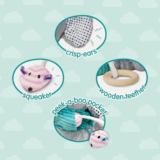 SES - Tiny Talents - Olfi sensory olifant - Knuffelolifant - met spiegel, knispervoet, bijtring en piepmuis - baby speelgoed van SES — afbeelding 2