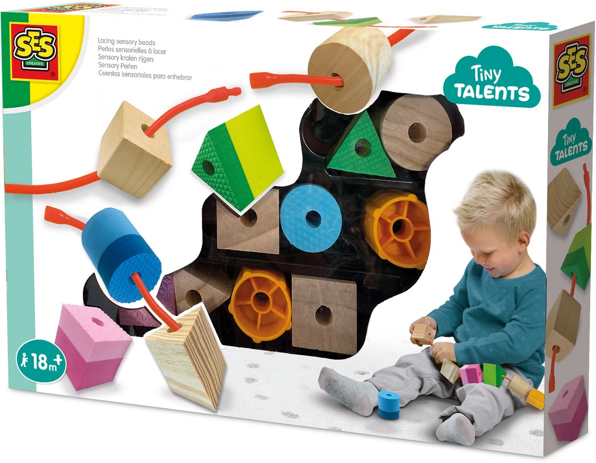 SES - Tiny Talents - Sensory kralen rijgen - Sensorisch speelgoed - Montessori speelgoed - meerdere soorten grove kralen - inclusief koppelsnoer Speelgoed 2 jaar