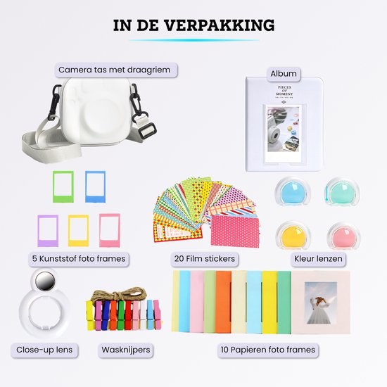 Somstyle Set Accessoires de vêtements pour bébé de Luxe adapté pour Fujifilm Instax Mini 12 – Étui étanche avec sangle de transport et plus encore – Wit