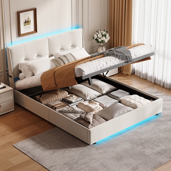 Tweepersoonsbed Met Opbergruimte - 160 X 200 Cm - Met 2 Lades Hoofdbord Met Leds Usb 2 Nachtkastjes Met Matras Wit