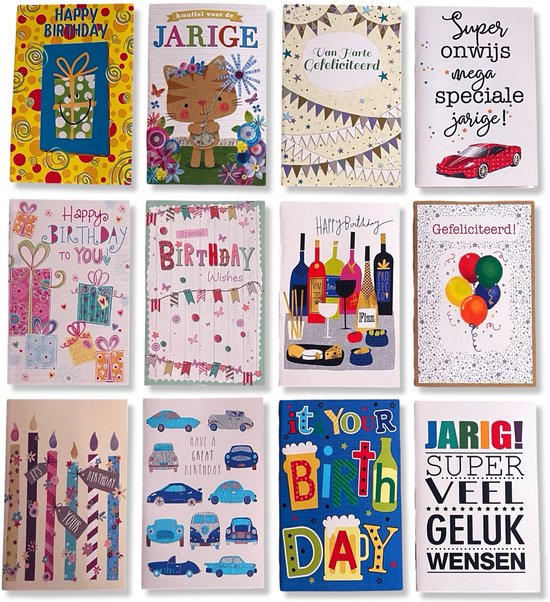 Cards & Crafts 36 Verjaardagskaarten met Envelop Set - Verjaardag Kaarten - 12x17cm - Mannen Vrouwen - Kinderen en Volwassenen - Felicitatie Wenskaarten