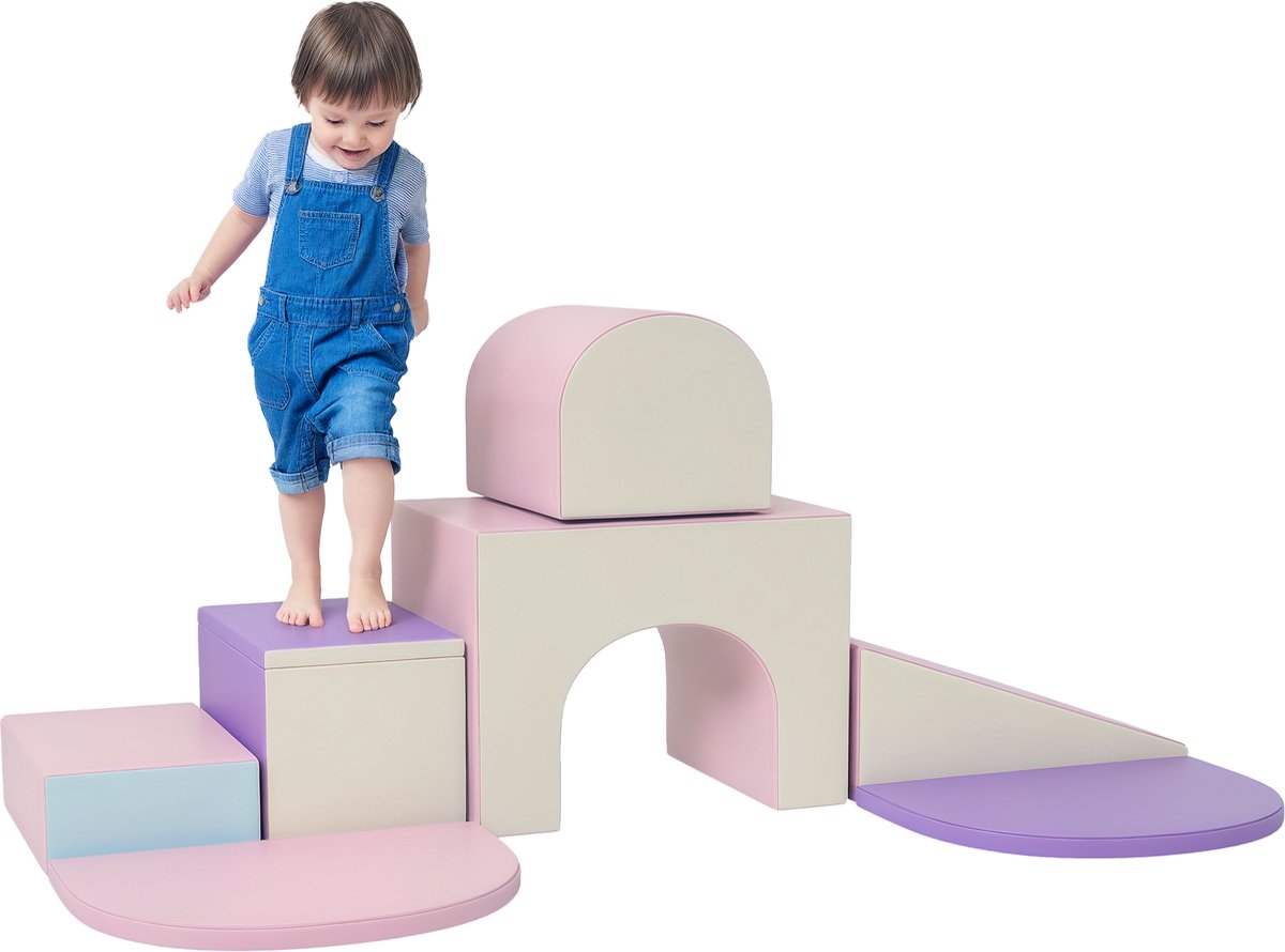 HOMCOM-Kids Soft Play Set-Synthetische bekleding-170x130x40cm-Roze, Paars, Blauw en Grijs