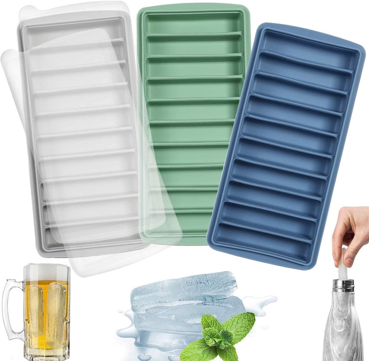 Famanu 3-pack ijsblokjesbak, gemakkelijk te ontgrendelen herbruikbare ijsblokje, siliconen, met No-morsen afneembaar deksel, 10 holtes, BPA-vrij, ideaal voor sport en waterflessen, whisky, cocktail
