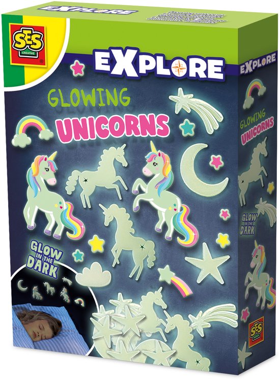 SES Creative - Explore - Glowing unicorns - Glow in the dark - 24 unicorns en sterren om te plakken - Met foam plakkers en stickers - Voor een mooi versierde slaapkamer - Eenhoorn