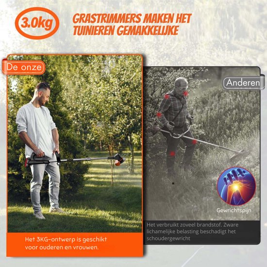 Grastrimmer met accu bosmaaier accu en onkruidborstel, bosmaaier accu incl. 2X3.0Ah accu & oplader voor tuin trimmen (rood