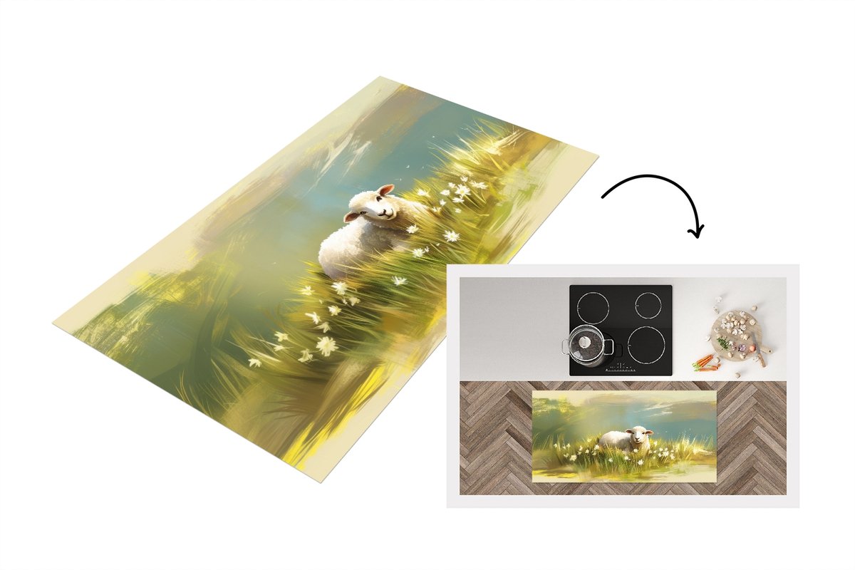 KitchenYeah Keukenloper 120x60 cm - Keukenmat vinyl Schaap - Weide - Groen - Keukenmatten loper - Keuken vloerkleed tapijt Landschap - Schaap