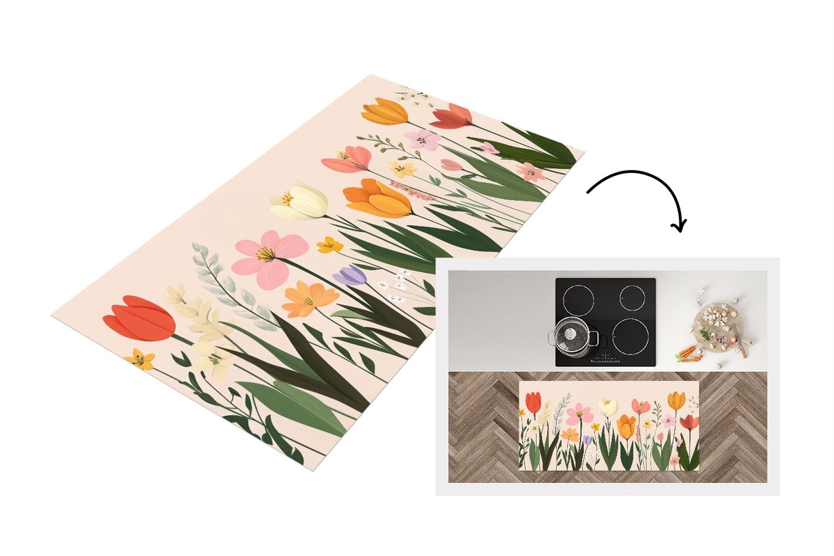 KitchenYeah Keukenloper 120x60 cm - Keukenmat vinyl Pasteltinten - Bloemen - Illustratie - Keukenmatten loper - Keuken vloerkleed tapijt