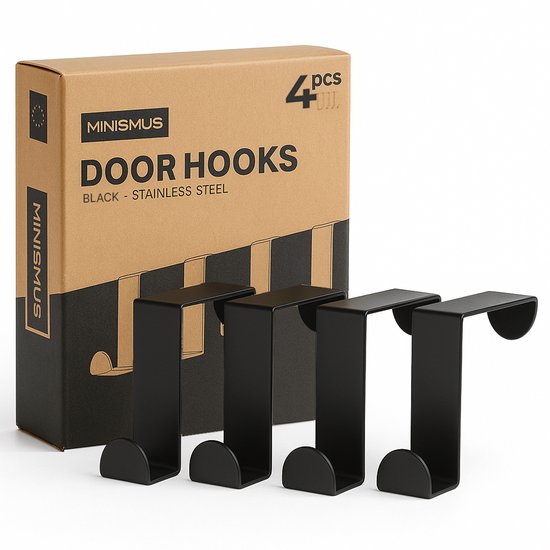 Minismus Set de 4 crochets de porte en acier inoxydable Zwart - Crochets de suspension robustes pour porte - Sans perçage et résistants aux rayures