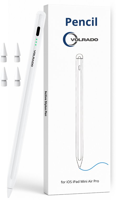 Stylus Pencil Pro - Apple Pencil Gebruikers Alternatief - Voor Apple iPads 2018-2025 - Handpalmherkenning - Magnetisch - USB-C Snelladen - 4 Extra Punten - Volrado - Wit