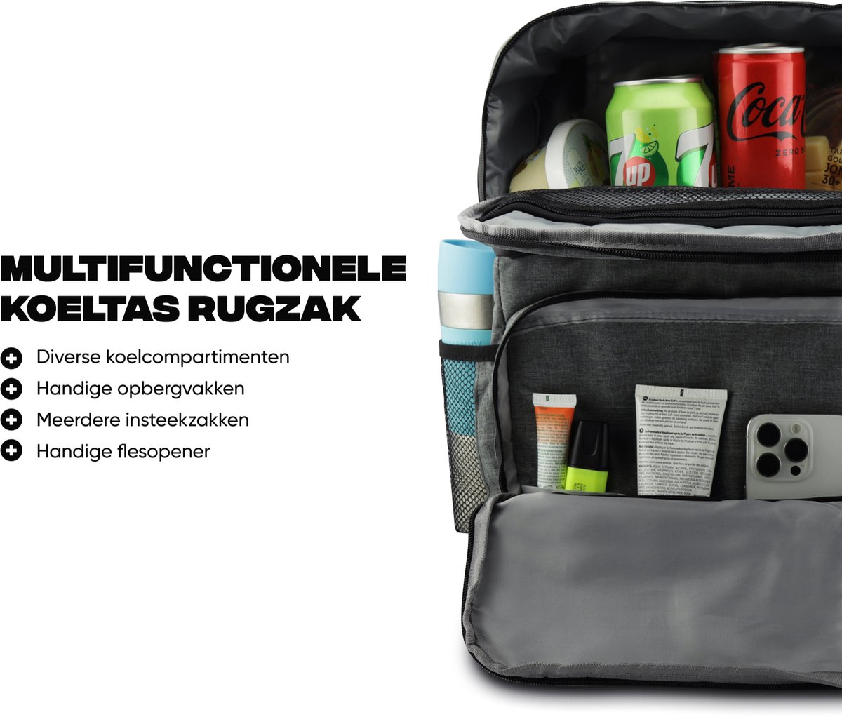 Rockerz Koeltas rugzak - 4 laags geïsoleerde - Incl. 4 koelelementen - 28 liter - Lunchtas - Picknicktas - Capaciteit voor 40x 33 cl blikken of 25x 33 cl flesjes - Slijtvast en duurzaam materiaal - Waterdicht en vuilafstotend - Kleur: Grijs — cadeau in Sport & Outdoor - foto 2