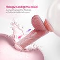 Roze dildo vibrator die uit een water splash komt, gemaakt van zacht, flexibel en huidvriendelijk siliconen.