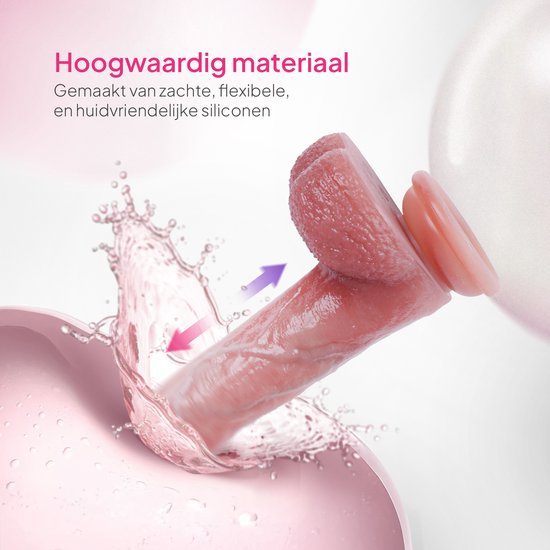 Roze dildo vibrator die uit een water splash komt, gemaakt van zacht, flexibel en huidvriendelijk siliconen.