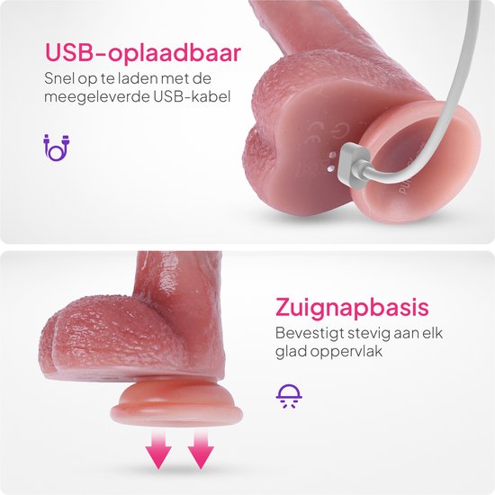 Bovenste deel: roze dildo vibrator met USB-oplaadkabel. Onderste deel: zuignapbasis van de vibrator.