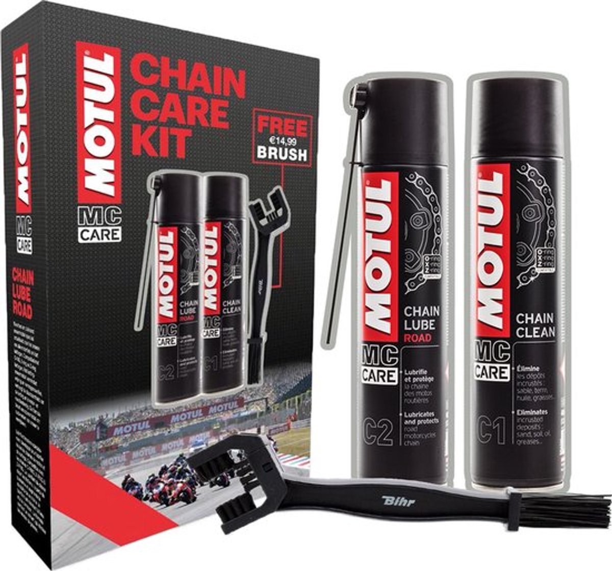 Motul Kettingverzorgingsset - Motor Ketting Onderhouds Kit Chain Care Kit - Motul C1 Kettingreiniger & C2 Kettingspray met gratis Kettingborstel