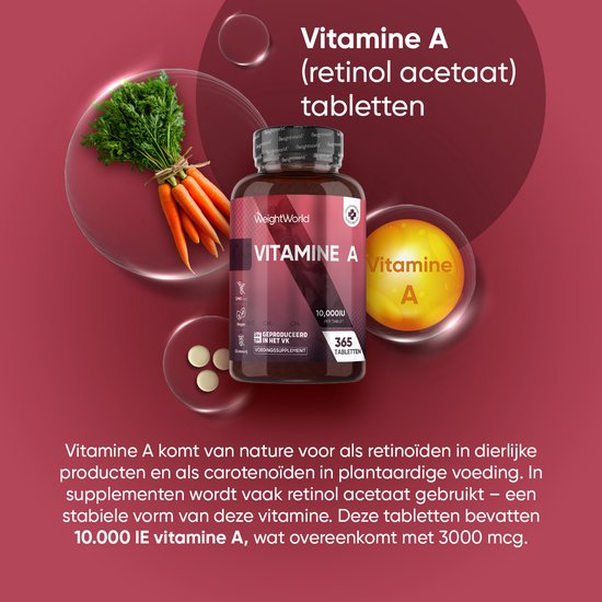 Fles WeightWorld Vitamine A tabletten met wortels en een vitamine A-pil, met de tekst 'Vitamine A (retinol acetaat) tabletten'.