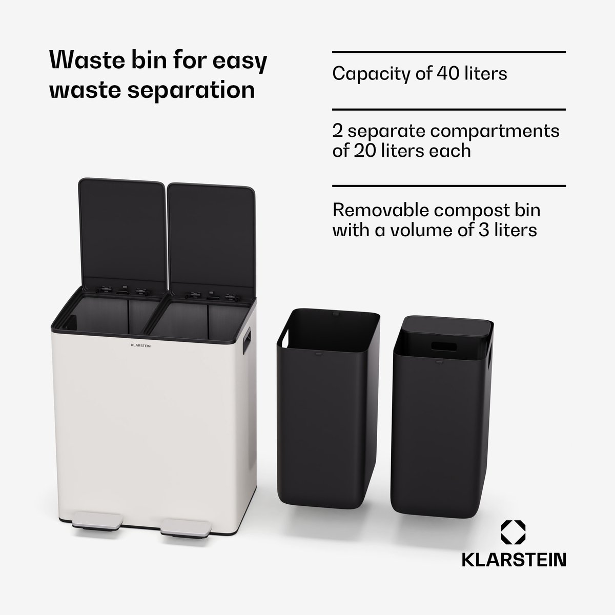 Klarstein 40 L moderne design-prullenbak met 2x20 L afvalscheiding - Vuilniszakken voor de keuken, Uitneembare 3 L composthouder, Soft-close-functie - praktische afvalorganisatie, ook voor luiers