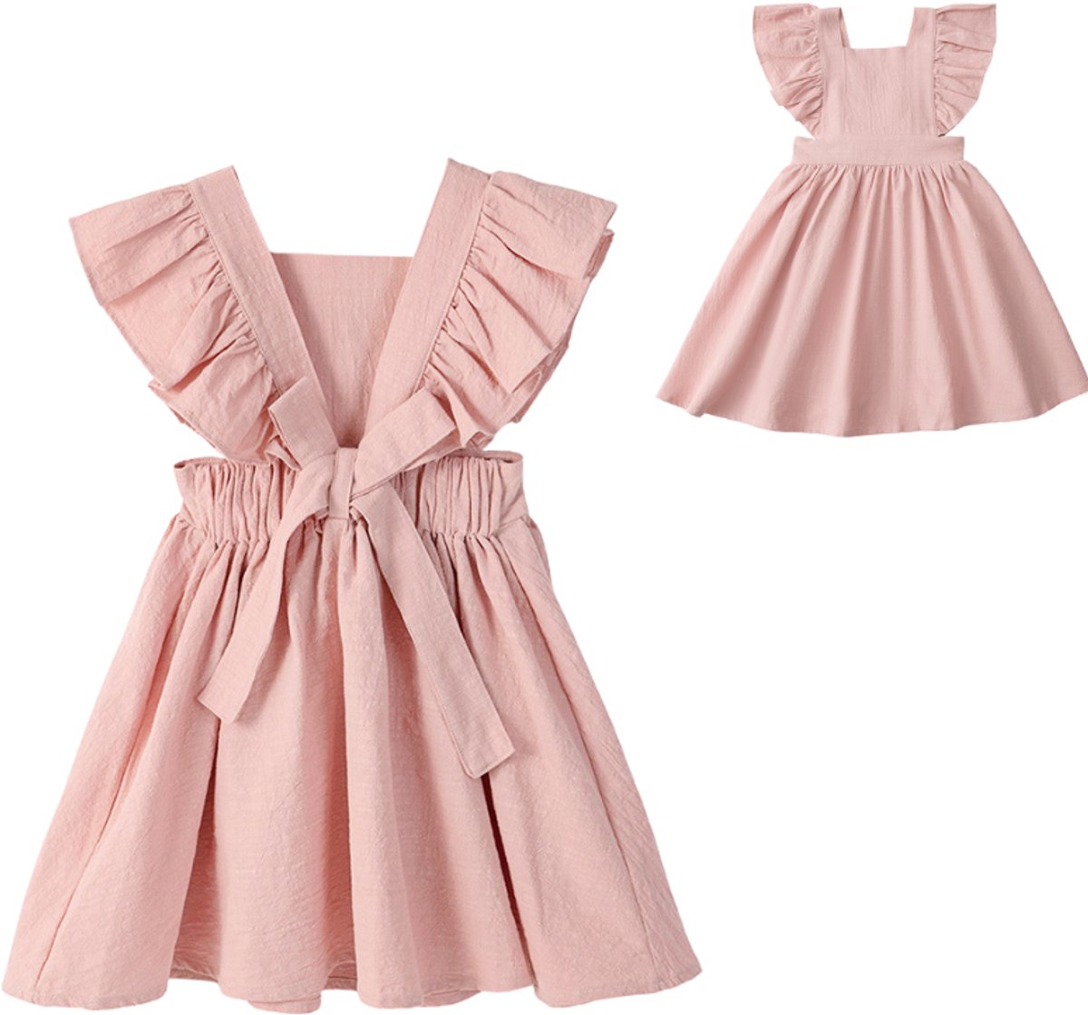 Joya Kids® Linnen Meisjes Jurkje Roze | Baby & Peuter Jurk met Ruffles en Strik | Zomerjurk Licht Roze | Zomersetje Zacht Roze | Luchtige Zomerkleding Meisje | Maat 80 t/m 120 | 6 Maanden tot 5 jaar | Maat 100