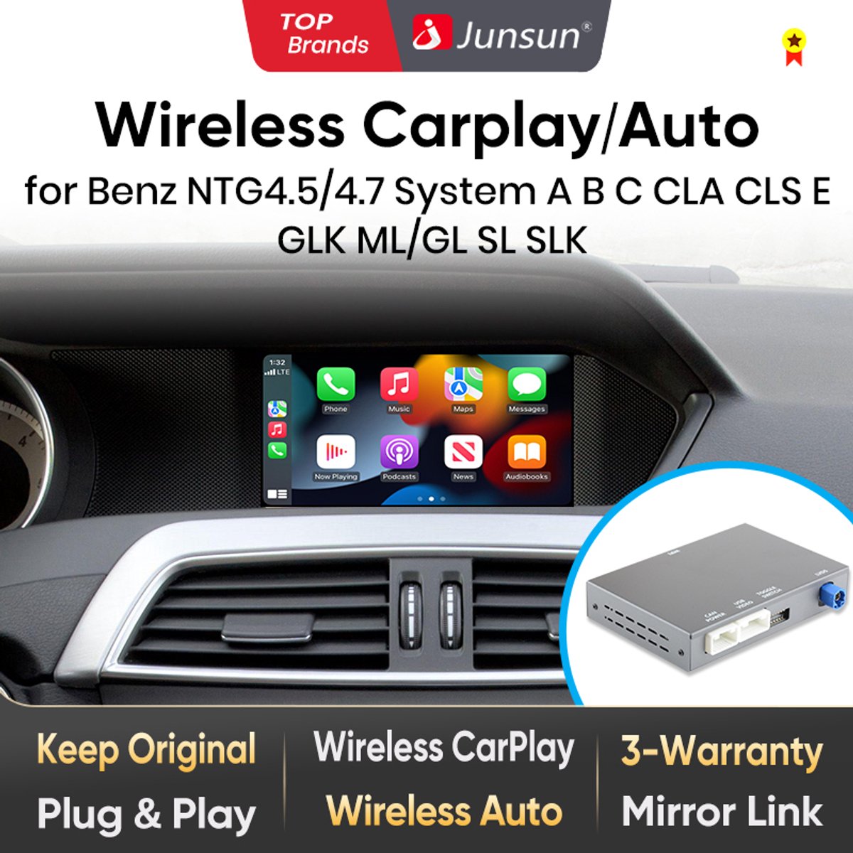 JUNSUN Draadloze CarPlay Android Auto Interface Module NTG4.5/4.7 Geschikt voor Mercedes Benz A B C CLA CLS E GLK ML