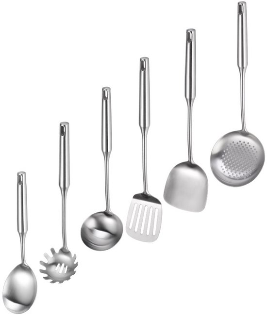 Six ustensiles de cuisine argentés en acier inoxydable alignés : louche, cuillère à pâtes, spatule, cuillère de service, écumoire.