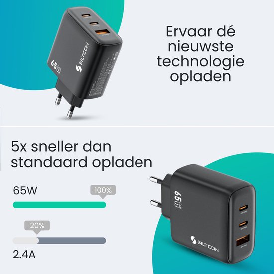 Zwarte Siltcon GaN-oplader met 3 poorten: 2x USB-C en 1x USB-A. Geeft '65W' aan.