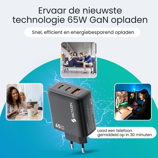 Zwarte Siltcon 65W GaN oplader vergeleken met standaard opladen, met grafieken die sneller opladen tonen.