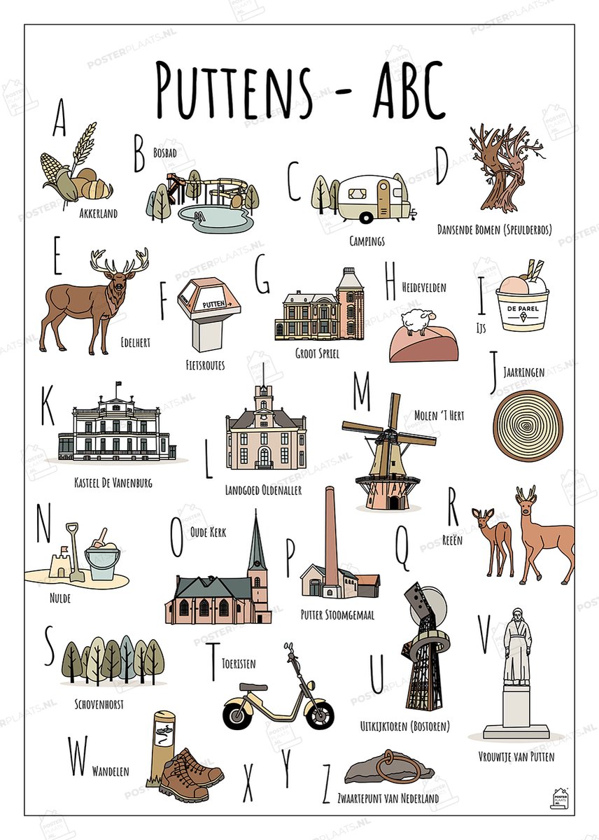 ABC Poster Putten - 50 x 70 cm - Educatieve Letterposter met Handgetekende Illustraties - Kinderkamer & Wanddecoratie - Woondecoratie - Relatiegeschenk