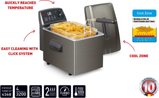 Grijze Fritel Turbo SF 4368 friteuse met mandje vol goudbruine frietjes. Toont 'Quickly reaches temperature' en 'Easy cleaning with click system'.