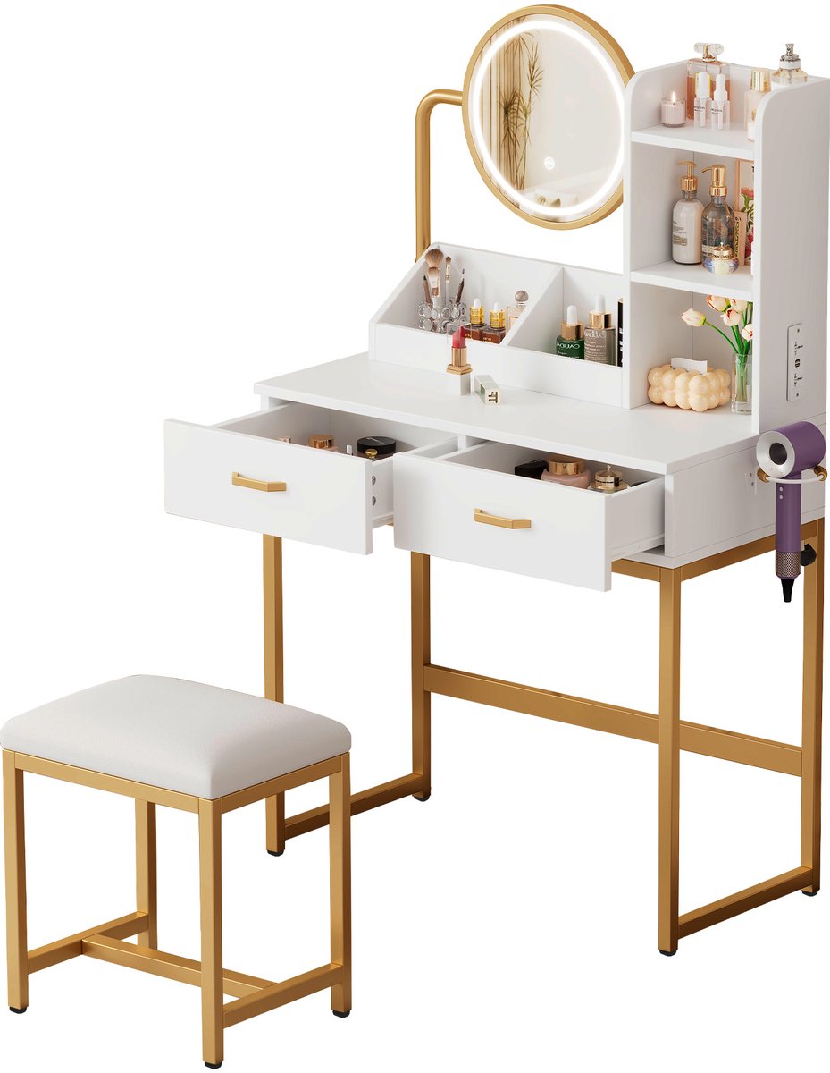 Merax Moderne kaptafel met LED-verlichting - draaibare spiegel en stopcontact - inclusief kruk - 2 lades - 2 open planken - wit - 80×138,5×40 cm