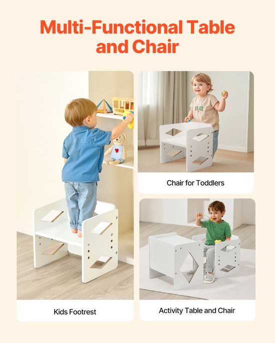Montessori-ontwenningsset met tafel en stoel, in hoogte verstelbare houten set voor peuters van 1-5 jaar, kinderactiviteitentafel om te lezen, eten en spelen, wit van Funlio — afbeelding 5