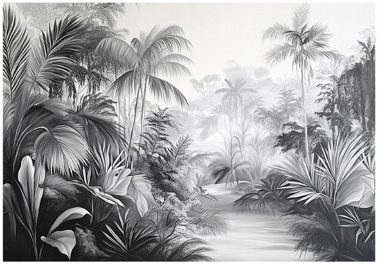 Papier peint jungle noir et blanc avec végétation dense, palmiers et une rivière.