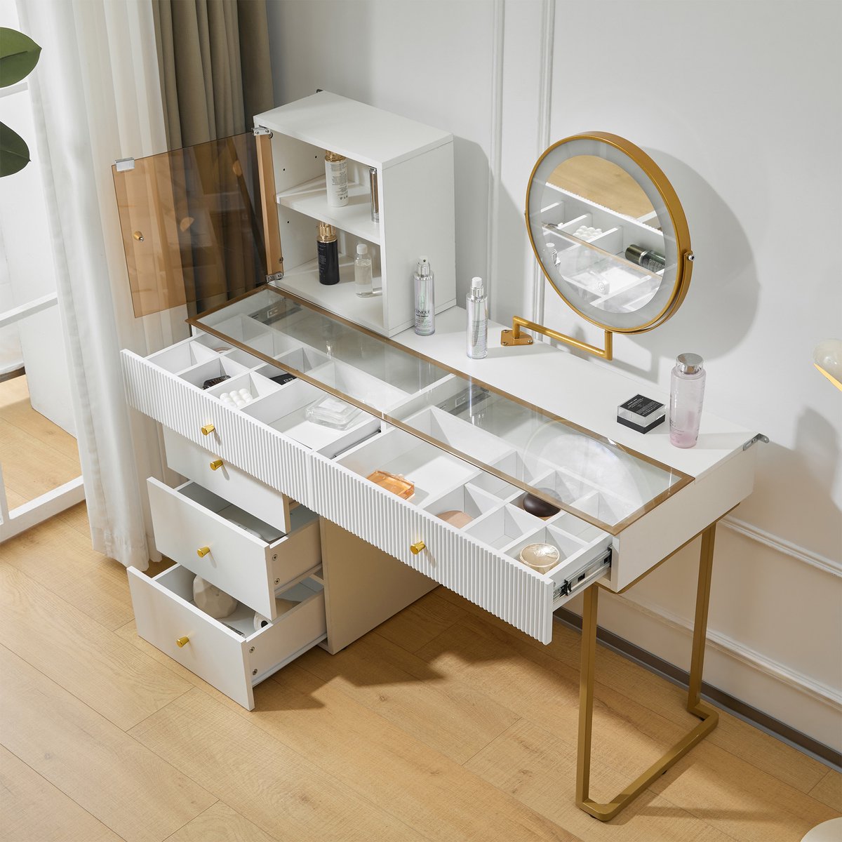 Merax Kaptafel met LED-verlichte spiegels - helder blad van gehard glas - dressoir zijkanten en kasten - wit - 120 x 45 x 115 cm - zonder kruk