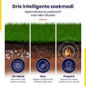 Drie zoekmodi metaaldetector: All-Metal met munten, Disc met schroeven, Pinpoint met schatkistje. Tekst: 'Drie intelligente zoekmodi'.