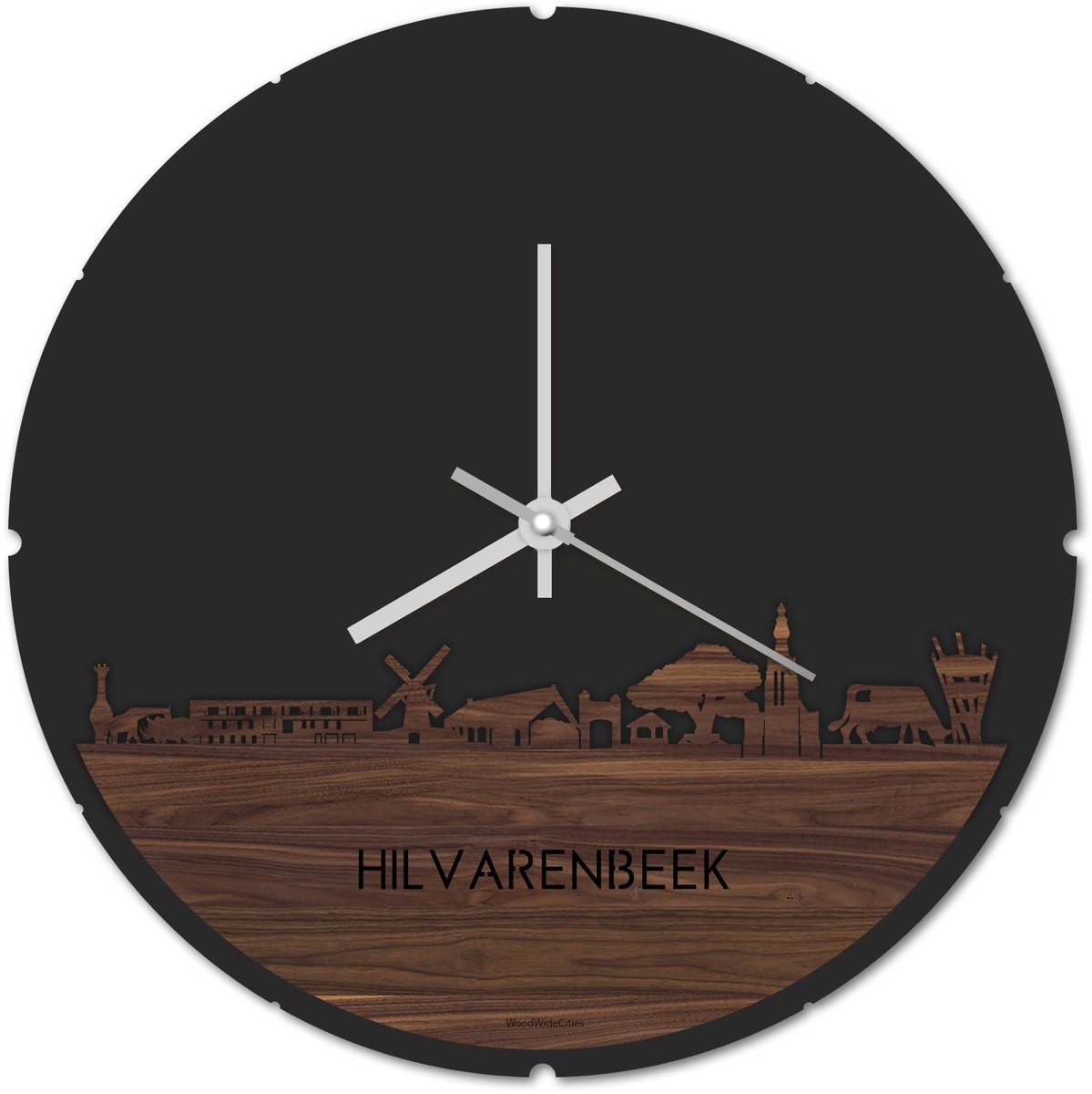 Skyline Klok Rond Hilvarenbeek Notenhout - Ø 44 cm - Stil uurwerk - Wanddecoratie - Meer steden beschikbaar - Woonkamer idee - Woondecoratie - City Art - Steden kunst - Cadeau voor hem - Cadeau voor haar - Jubileum - Trouwerij - Housewarming -