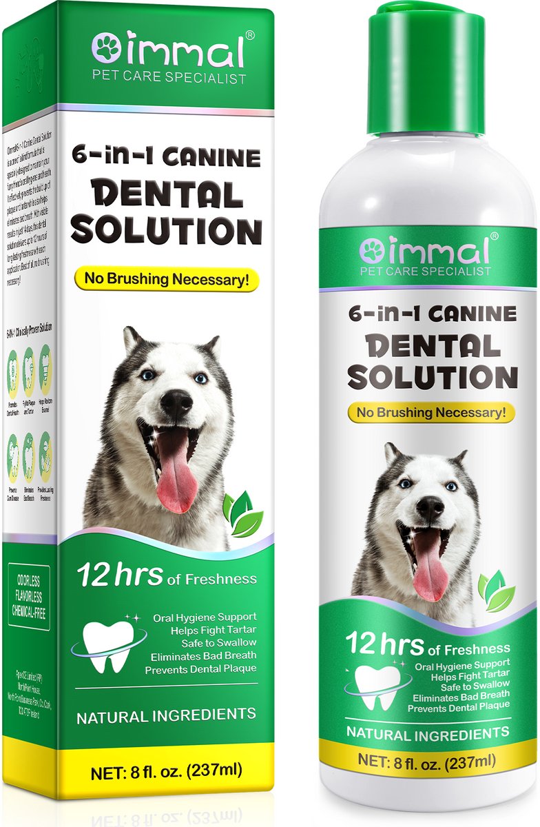 DENTAL SOLUTION - hond mondwater op basis van natuurlijke ingredienten - tegen tandplak, slechte adem, gele tanden, ontstoken tandvlees - gebitsverzorging voor hond, alle rassen en leeftijden - geen poetsen maar toevoegen aan het drinkwater - 237 ml