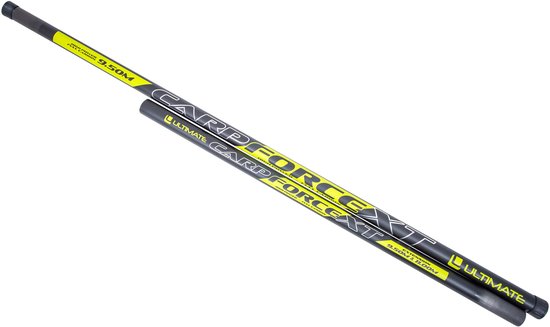 Twee Carp Force XT hengels, 9.50M, zwart met gele letters.