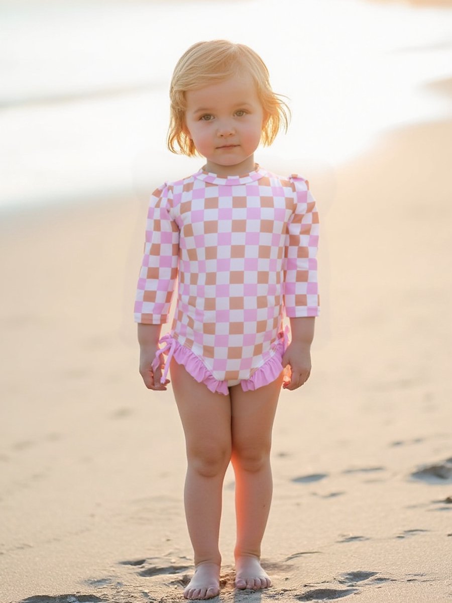 Joya Kids® Badpak Lange Mouw Lila, Roze en Wit Geblokt met Ruches en Strikjes Meisjes | Zwempak met ruches UV Badpak Lila en Roze | Zwempak Lange Mouw UV Bescherming Blokjes | Meisje Bikini Zomer | Kinderbadpak Peuter | — afbeelding 6