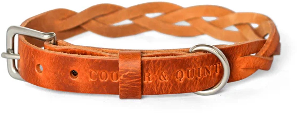 Cooper & Quint Twisted - Halsband hond gevlochten leer - Camel-Zilver XS