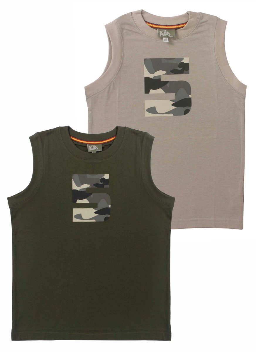 Per twee singlet, korte mouw jongens shirt uit onze Active Wear Collectie-Khaki groen en Beige maat 128